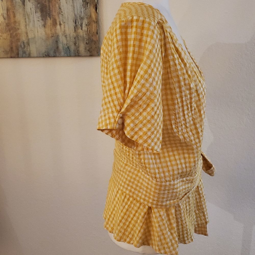 Max Studio Yellow Checker wrap blouse L - Picture 7 of 14